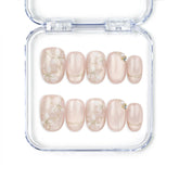 Naillover Lucid Petals handmade Singapore press on nails in soft pink with gold floral motifs and pearls.